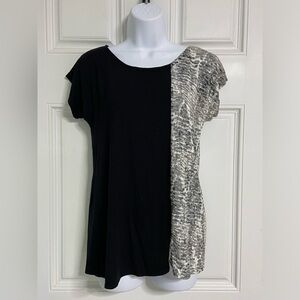 3- ALLISON IZU Black-Gray Mixed Media Flared Hem Burnout Top